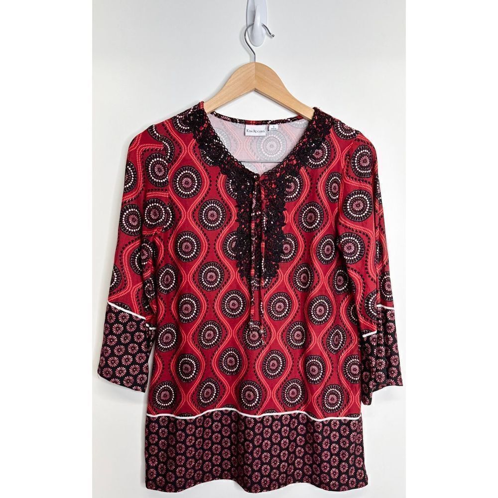 Kim Rogers Tunic Blouse Womens Red/Black Floral Pattern Small‎
